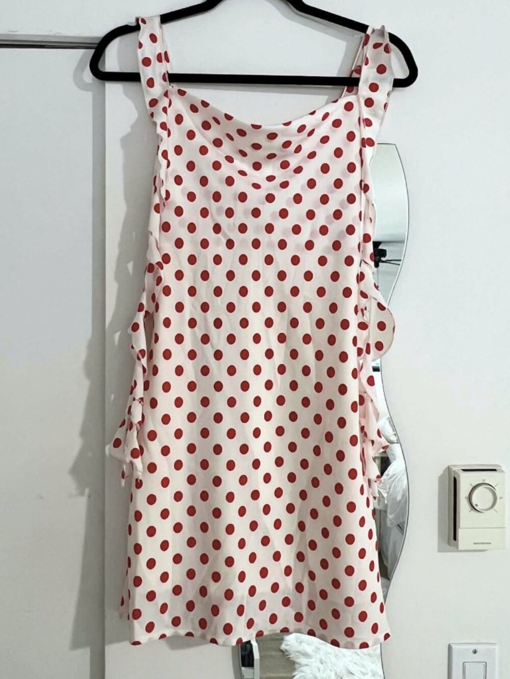 Flowy, red and off-white polkadot dress, XS